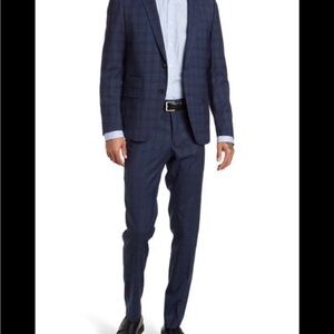 Savile Row Strand Navy Blue Plaid 2 Button Notched Lapel Checkered Jacket